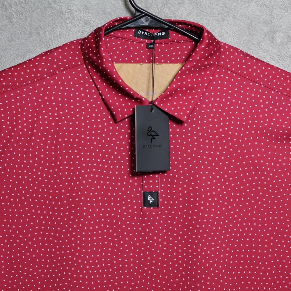 ByrdGang Polo Shirt Mens 2XL Red White Polka Dot Performance Golf Stretch Tech